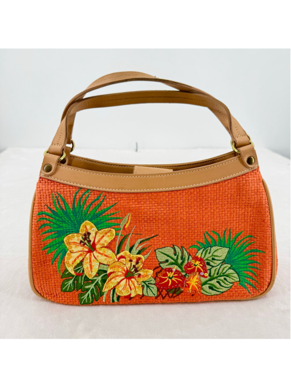Orange Rattan Straw Bag Purse Etienne Aigner Tropical Flowers Sequins Vintage